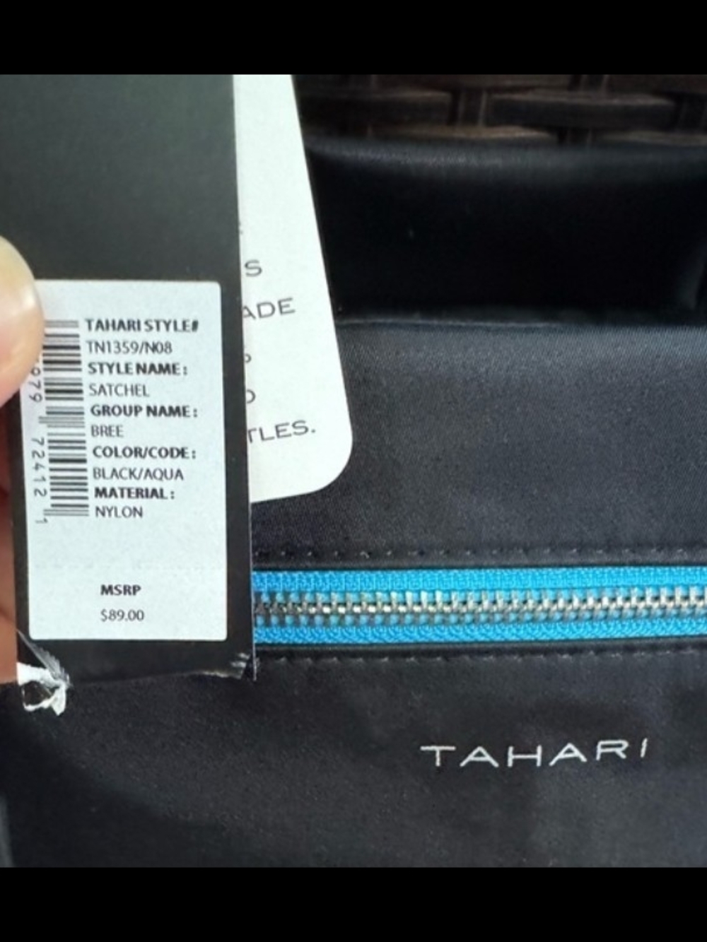 Tahari NEW $89 Tag Black Shoulder Bag with Bright Blue Strap & Zipper - Picture 2 of 5